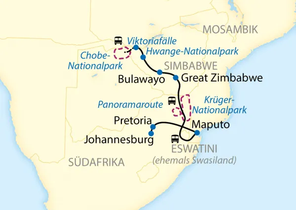 Map of the African Explorer Pretoria – Victoria Falls