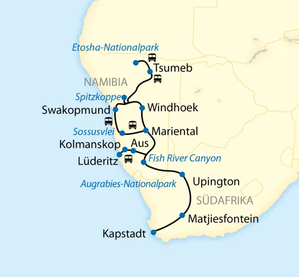 Map of the African Explorer Windhoek - Cape Town